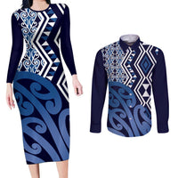 New Zealand Couples Matching Long Sleeve Bodycon Dress and Long Sleeve Button Shirt Aotearoa Kowhaiwhai Mix Taniko Art - Blue LT14 Blue - Polynesian Pride