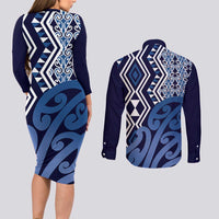 New Zealand Couples Matching Long Sleeve Bodycon Dress and Long Sleeve Button Shirt Aotearoa Kowhaiwhai Mix Taniko Art - Blue LT14 - Polynesian Pride