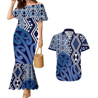 New Zealand Couples Matching Mermaid Dress and Hawaiian Shirt Aotearoa Kowhaiwhai Mix Taniko Art - Blue LT14 Blue - Polynesian Pride