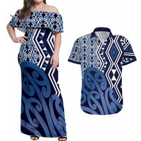 New Zealand Couples Matching Off Shoulder Maxi Dress and Hawaiian Shirt Aotearoa Kowhaiwhai Mix Taniko Art - Blue LT14 Blue - Polynesian Pride