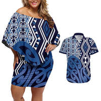 New Zealand Couples Matching Off Shoulder Short Dress and Hawaiian Shirt Aotearoa Kowhaiwhai Mix Taniko Art - Blue LT14 Blue - Polynesian Pride