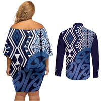 New Zealand Couples Matching Off Shoulder Short Dress and Long Sleeve Button Shirt Aotearoa Kowhaiwhai Mix Taniko Art - Blue LT14 - Polynesian Pride