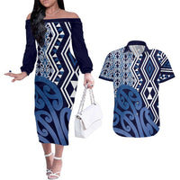 New Zealand Couples Matching Off The Shoulder Long Sleeve Dress and Hawaiian Shirt Aotearoa Kowhaiwhai Mix Taniko Art - Blue LT14 Blue - Polynesian Pride