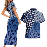 New Zealand Couples Matching Short Sleeve Bodycon Dress and Hawaiian Shirt Aotearoa Kowhaiwhai Mix Taniko Art - Blue LT14 - Polynesian Pride