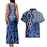 New Zealand Couples Matching Tank Maxi Dress and Hawaiian Shirt Aotearoa Kowhaiwhai Mix Taniko Art - Blue LT14 - Polynesian Pride