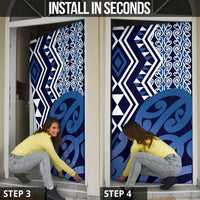 New Zealand Door Cover Aotearoa Kowhaiwhai Mix Taniko Art - Blue LT14 - Polynesian Pride