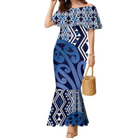 New Zealand Family Matching Mermaid Dress and Hawaiian Shirt Aotearoa Kowhaiwhai Mix Taniko Art - Blue LT14 Mom's Dress Blue - Polynesian Pride
