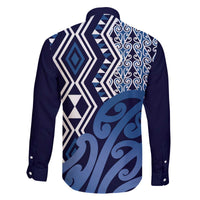 New Zealand Family Matching Off The Shoulder Long Sleeve Dress and Hawaiian Shirt Aotearoa Kowhaiwhai Mix Taniko Art - Blue LT14 - Polynesian Pride