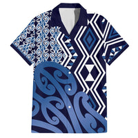New Zealand Family Matching Off Shoulder Maxi Dress and Hawaiian Shirt Aotearoa Kowhaiwhai Mix Taniko Art - Blue LT14 Dad's Shirt - Short Sleeve Blue - Polynesian Pride