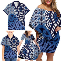 New Zealand Family Matching Off Shoulder Short Dress and Hawaiian Shirt Aotearoa Kowhaiwhai Mix Taniko Art - Blue LT14 - Polynesian Pride