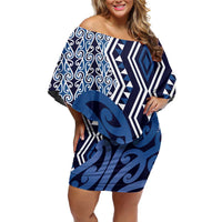 New Zealand Family Matching Off Shoulder Short Dress and Hawaiian Shirt Aotearoa Kowhaiwhai Mix Taniko Art - Blue LT14 Mom's Dress Blue - Polynesian Pride