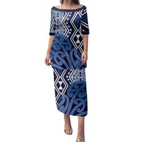 New Zealand Family Matching Puletasi and Hawaiian Shirt Aotearoa Kowhaiwhai Mix Taniko Art - Blue LT14 Mom's Dress Blue - Polynesian Pride