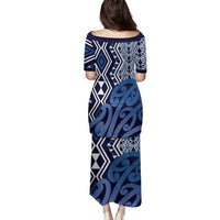 New Zealand Family Matching Puletasi and Hawaiian Shirt Aotearoa Kowhaiwhai Mix Taniko Art - Blue LT14 - Polynesian Pride