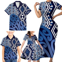 New Zealand Family Matching Short Sleeve Bodycon Dress and Hawaiian Shirt Aotearoa Kowhaiwhai Mix Taniko Art - Blue LT14 - Polynesian Pride
