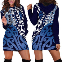 New Zealand Hoodie Dress Aotearoa Kowhaiwhai Mix Taniko Art - Blue LT14 - Polynesian Pride