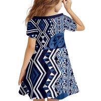 New Zealand Kid Short Sleeve Dress Aotearoa Kowhaiwhai Mix Taniko Art - Blue LT14 - Polynesian Pride