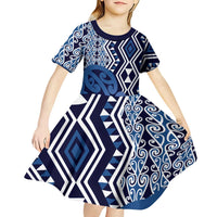 New Zealand Kid Short Sleeve Dress Aotearoa Kowhaiwhai Mix Taniko Art - Blue LT14 - Polynesian Pride