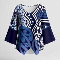 New Zealand Kimono Sleeve Blouse Aotearoa Kowhaiwhai Mix Taniko Art - Blue LT14 Female Blue - Polynesian Pride