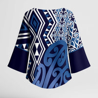 New Zealand Kimono Sleeve Blouse Aotearoa Kowhaiwhai Mix Taniko Art - Blue LT14 - Polynesian Pride