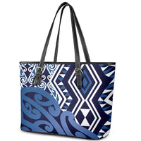 New Zealand Leather Tote Bag Aotearoa Kowhaiwhai Mix Taniko Art - Blue LT14 - Polynesian Pride