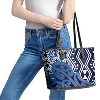 New Zealand Leather Tote Bag Aotearoa Kowhaiwhai Mix Taniko Art - Blue LT14 - Polynesian Pride