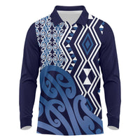 New Zealand Long Sleeve Polo Shirt Aotearoa Kowhaiwhai Mix Taniko Art - Blue LT14 Blue - Polynesian Pride