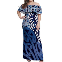 New Zealand Off Shoulder Maxi Dress Aotearoa Kowhaiwhai Mix Taniko Art - Blue LT14 Women Blue - Polynesian Pride