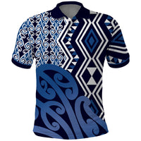 New Zealand Polo Shirt Aotearoa Kowhaiwhai Mix Taniko Art - Blue LT14 Blue - Polynesian Pride