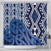 New Zealand Shower Curtain Aotearoa Kowhaiwhai Mix Taniko Art - Blue LT14 - Polynesian Pride
