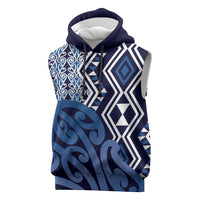 New Zealand Sleeveless Hoodie Aotearoa Kowhaiwhai Mix Taniko Art - Blue LT14 Blue - Polynesian Pride