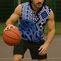 New Zealand Sleeveless Zip Hoodie Aotearoa Kowhaiwhai Mix Taniko Art - Blue LT14 - Polynesian Pride