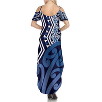 New Zealand Summer Maxi Dress Aotearoa Kowhaiwhai Mix Taniko Art - Blue LT14 - Polynesian Pride