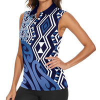 New Zealand Women Sleeveless Polo Shirt Aotearoa Kowhaiwhai Mix Taniko Art - Blue LT14 - Polynesian Pride