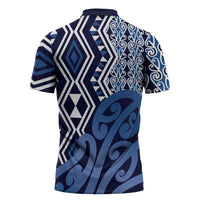 New Zealand Zipper Polo Shirt Aotearoa Kowhaiwhai Mix Taniko Art - Blue LT14 - Polynesian Pride