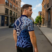 New Zealand Zipper Polo Shirt Aotearoa Kowhaiwhai Mix Taniko Art - Blue LT14 - Polynesian Pride