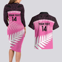 Custom New Zealand Aotearoa Cricket Couples Matching Long Sleeve Bodycon Dress and Hawaiian Shirt Go White Silver Fern LT14 - Polynesian Pride
