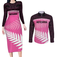 Custom New Zealand Aotearoa Cricket Couples Matching Long Sleeve Bodycon Dress and Long Sleeve Button Shirt Go White Silver Fern LT14 Pink - Polynesian Pride