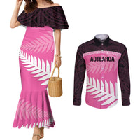 Custom New Zealand Aotearoa Cricket Couples Matching Mermaid Dress and Long Sleeve Button Shirt Go White Silver Fern LT14 Pink - Polynesian Pride