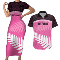 Custom New Zealand Aotearoa Cricket Couples Matching Short Sleeve Bodycon Dress and Hawaiian Shirt Go White Silver Fern LT14 Pink - Polynesian Pride