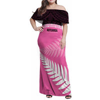 Custom New Zealand Aotearoa Cricket Family Matching Off Shoulder Maxi Dress and Hawaiian Shirt Go White Silver Fern LT14 Mom's Dress Pink - Polynesian Pride
