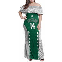 Custom Hawaii Volleyball Family Matching Off Shoulder Maxi Dress and Hawaiian Shirt Hawaiian Kakau Pattern LT14 Mom's Dress Green - Polynesian Pride
