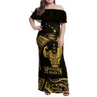 Gold Hawaii Ikaika Warrior Family Matching Off Shoulder Maxi Dress and Hawaiian Shirt Hawaiian Power LT14 Mom's Dress Gold - Polynesian Pride