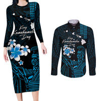 Personalised Hawaii King Kamehameha Day Couples Matching Long Sleeve Bodycon Dress and Long Sleeve Button Shirt Plumeria With Kakau Pattern - Blue LT14 Blue - Polynesian Pride