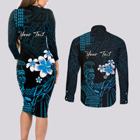 Personalised Hawaii King Kamehameha Day Couples Matching Long Sleeve Bodycon Dress and Long Sleeve Button Shirt Plumeria With Kakau Pattern - Blue LT14 - Polynesian Pride