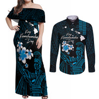 Personalised Hawaii King Kamehameha Day Couples Matching Off Shoulder Maxi Dress and Long Sleeve Button Shirt Plumeria With Kakau Pattern - Blue LT14 Blue - Polynesian Pride