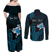 Personalised Hawaii King Kamehameha Day Couples Matching Off Shoulder Maxi Dress and Long Sleeve Button Shirt Plumeria With Kakau Pattern - Blue LT14 - Polynesian Pride