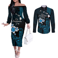 Personalised Hawaii King Kamehameha Day Couples Matching Off The Shoulder Long Sleeve Dress and Long Sleeve Button Shirt Plumeria With Kakau Pattern - Blue LT14 Blue - Polynesian Pride
