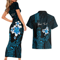 Personalised Hawaii King Kamehameha Day Couples Matching Short Sleeve Bodycon Dress and Hawaiian Shirt Plumeria With Kakau Pattern - Blue LT14 - Polynesian Pride