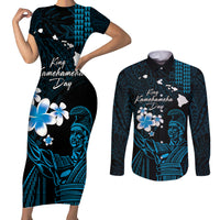 Personalised Hawaii King Kamehameha Day Couples Matching Short Sleeve Bodycon Dress and Long Sleeve Button Shirt Plumeria With Kakau Pattern - Blue LT14 Blue - Polynesian Pride
