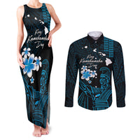 Personalised Hawaii King Kamehameha Day Couples Matching Tank Maxi Dress and Long Sleeve Button Shirt Plumeria With Kakau Pattern - Blue LT14 Blue - Polynesian Pride